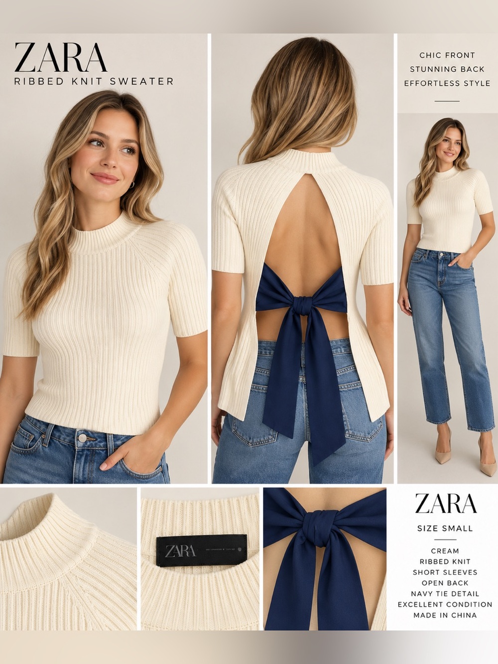 ZARA Cream Ribbed Knit Short Sleeve Top with Navy Back Tie Detail